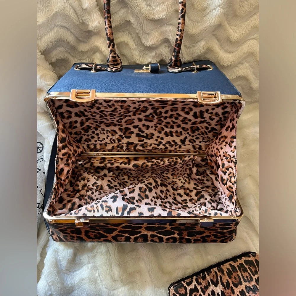 Blue Faux Leather Tote Handbag and Wallet Set